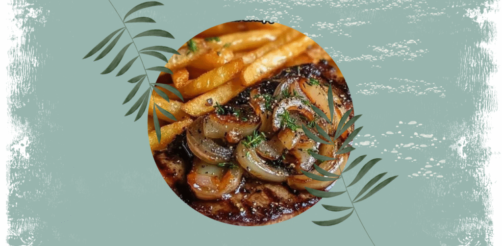 Juicy Ribeye Steak with French Onions & Crispy French Fries Recipe