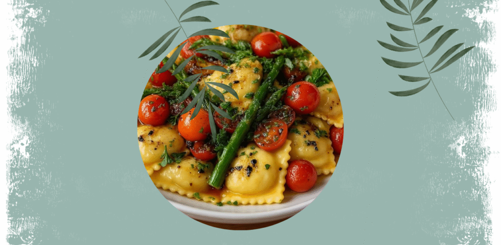Ravioli with Tomatoes, Asparagus, Garlic, and Herbs Recipe