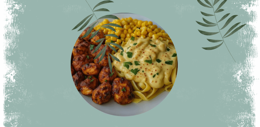 Chili Garlic Butter Chicken Bites with Creamy Cajun Corn Alfredo Twists Recipe